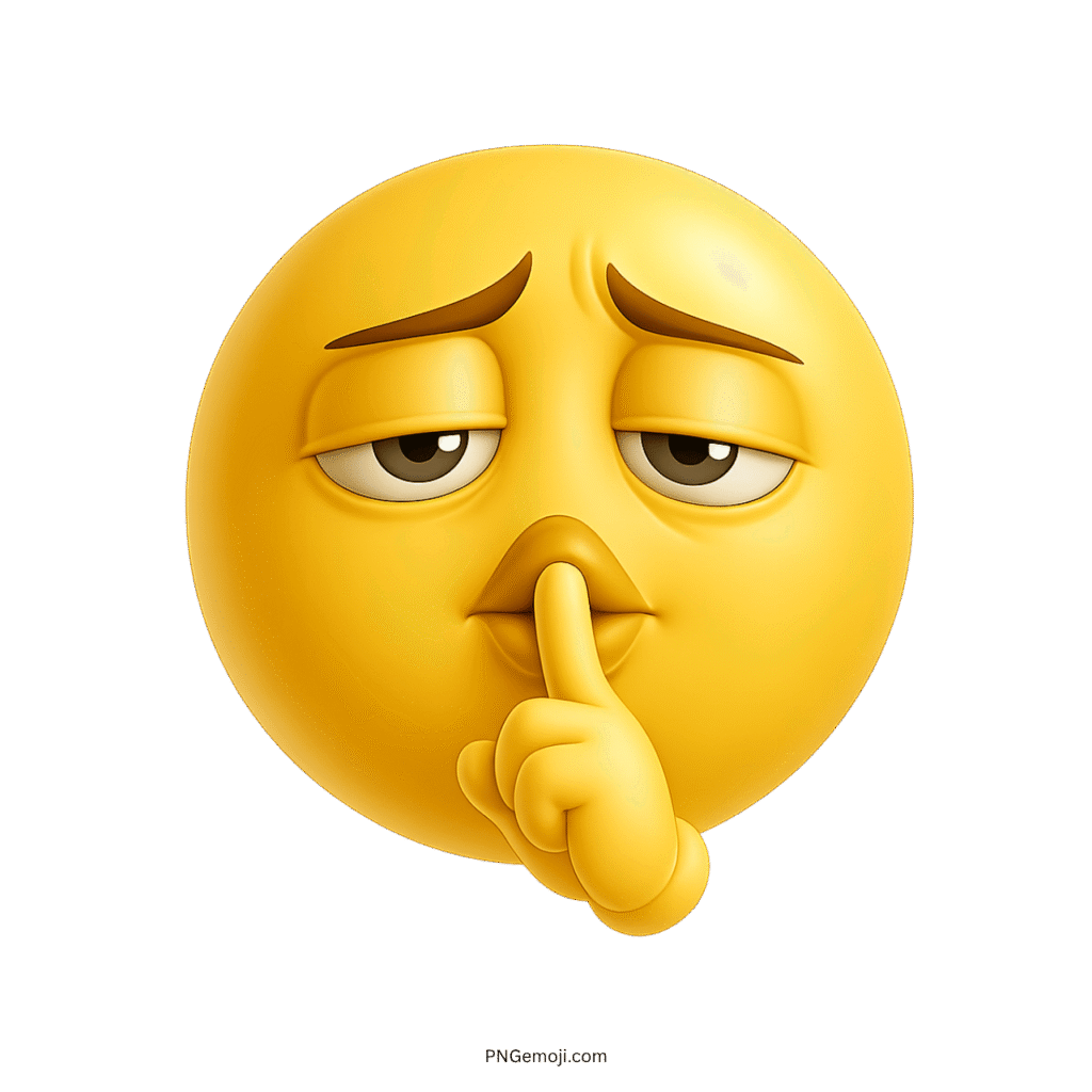 A sad yellow troll face emoji with a finger over its lips, asking for silence.