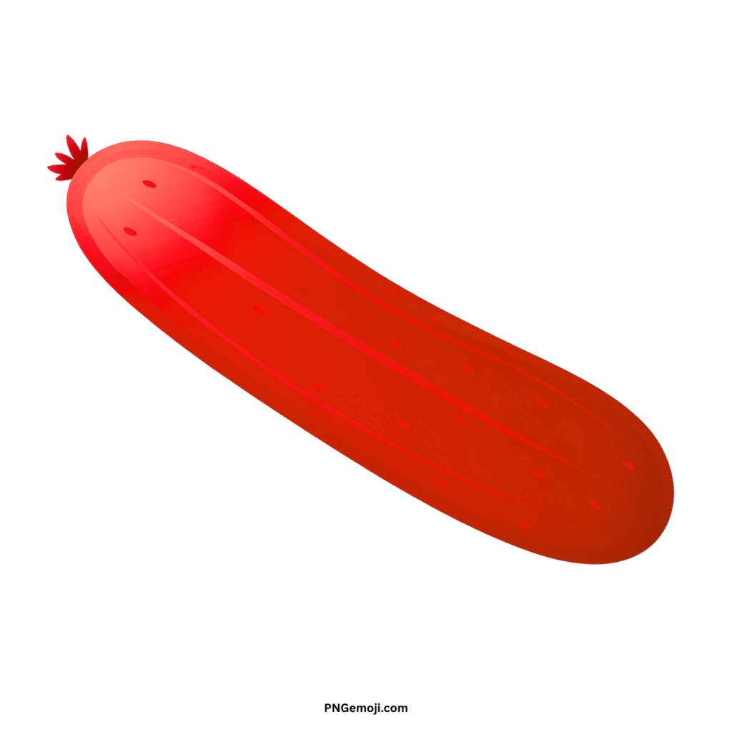 Stylized red cucumber illustration with a textured skin, on a green background.