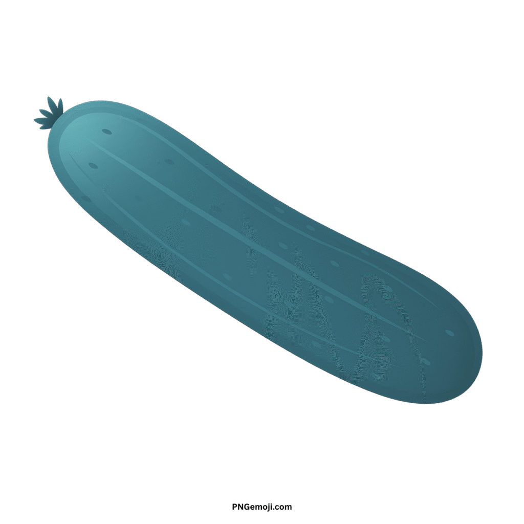 Stylized teal cucumber illustration with a textured skin, on a green background.